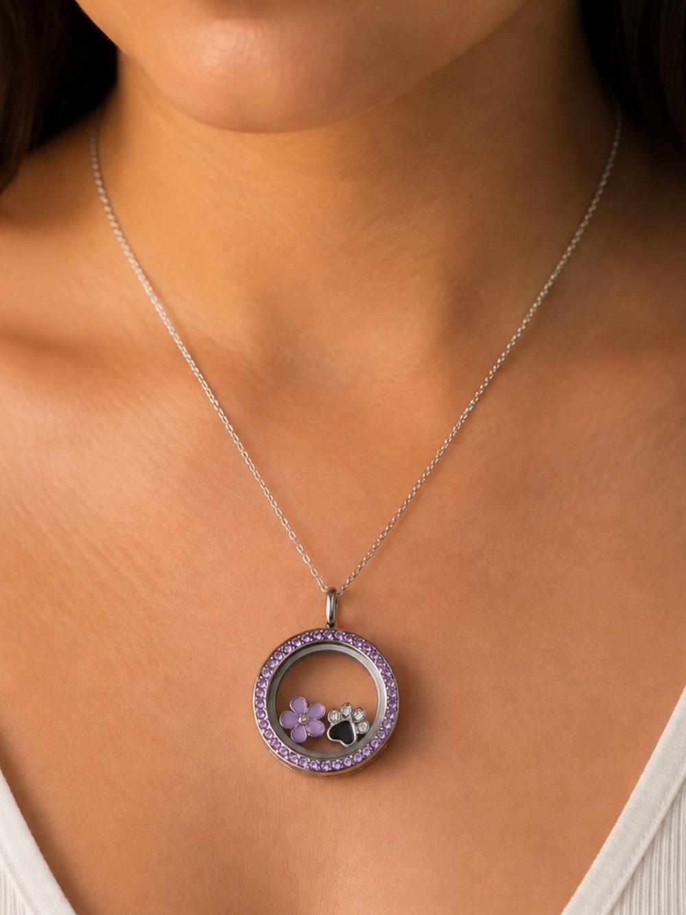 Origami Owl Purple Crystal Floating Charm Locket Pendant - No Chain